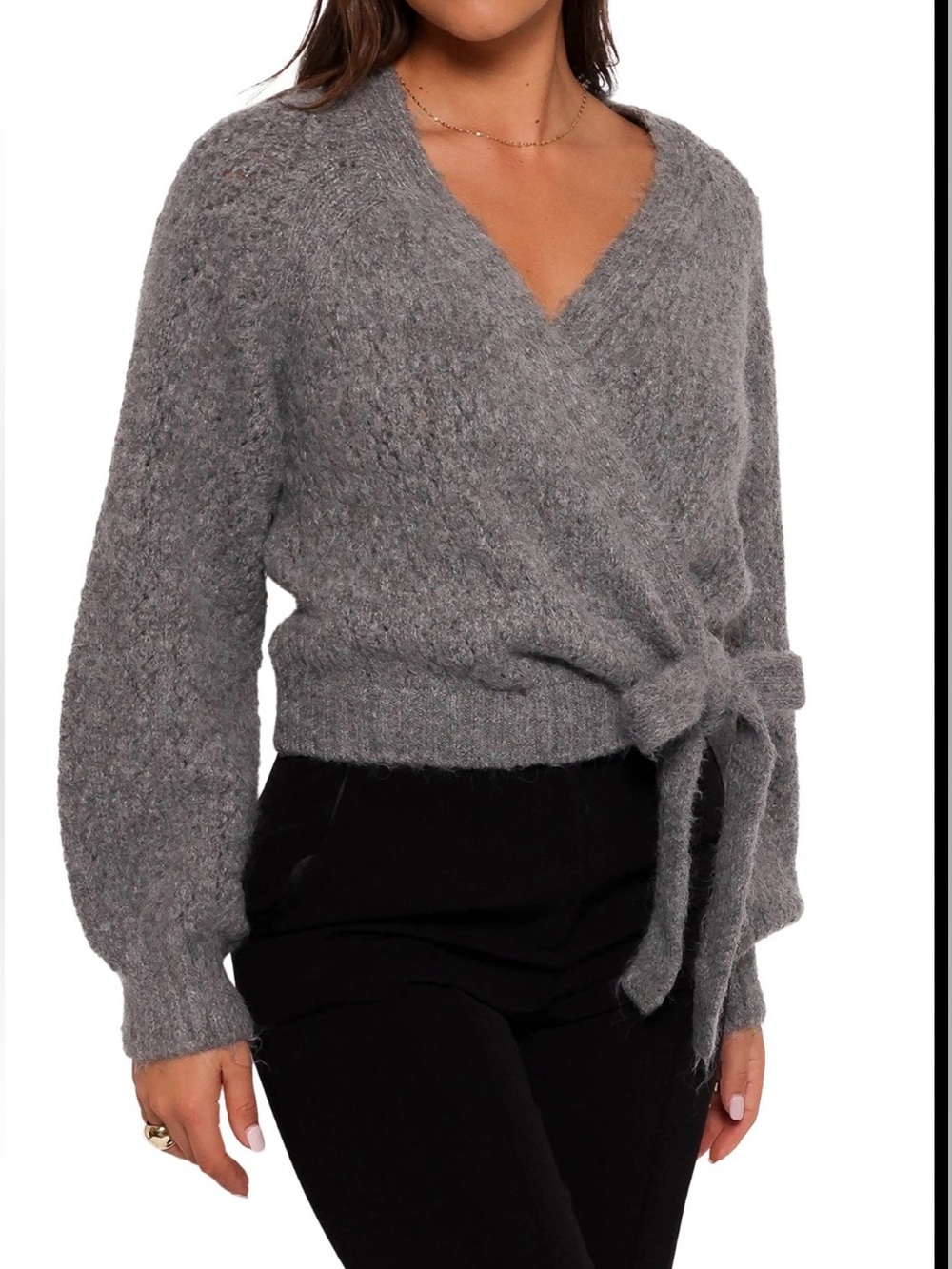 Maeve Gray Etta Wrap Tie V-Neck Wool Blend Soft Knit Cottage Sweater Size Medium